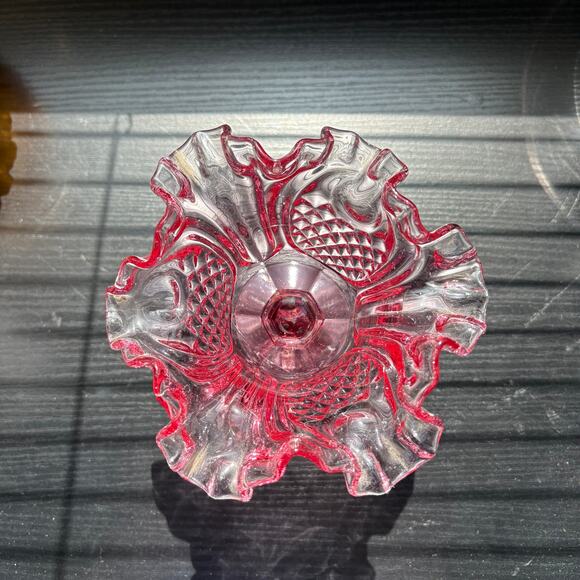 Fenton Pink Glass Open Compote Pedestal Candy Dish Ruffled Crimped Pineapple 5.5 - Picture 2 of 7